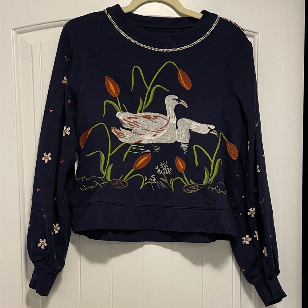 Anthropologie Navy Sweatshirt with Embroidered Design